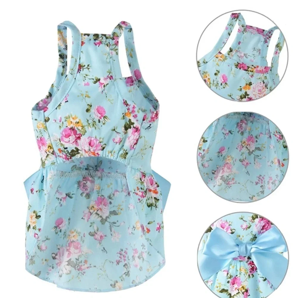 Blue Floral Halter Ribbon Bow Dog Pet Party Fancy Dress Size Large